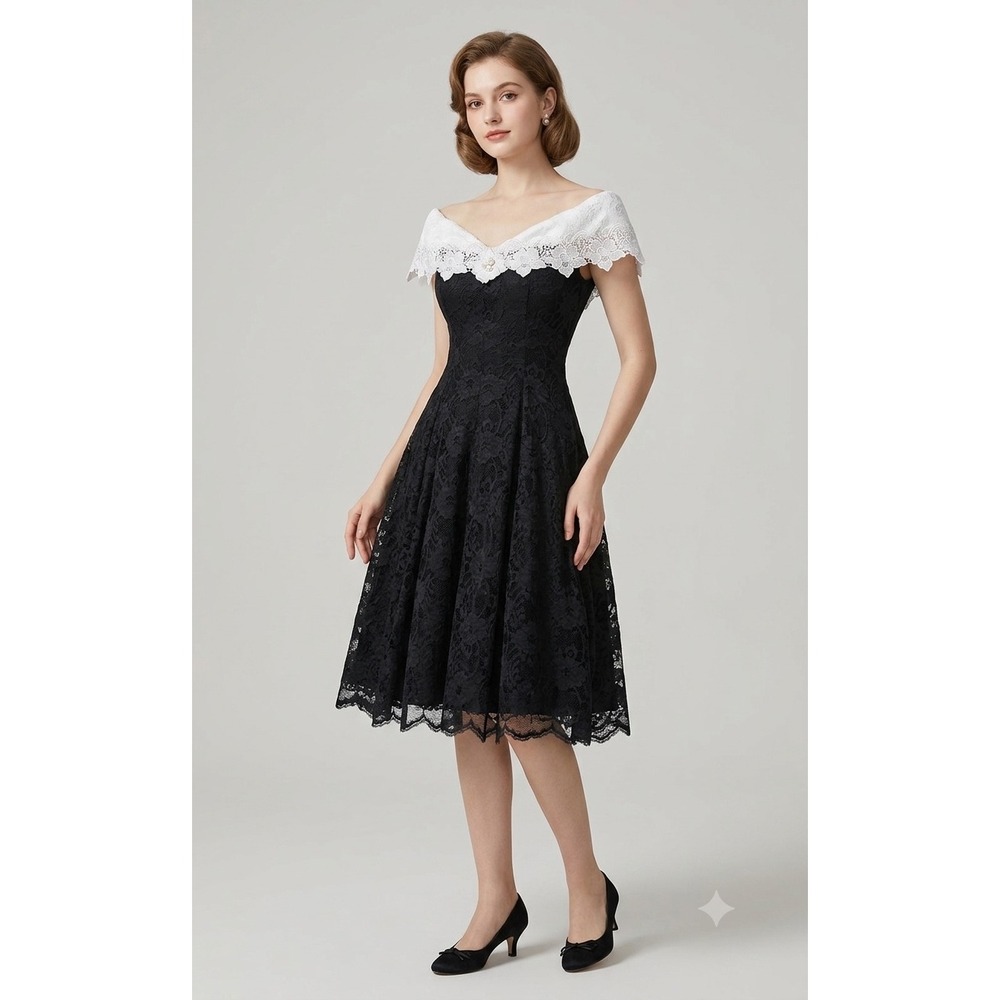 VTG Cachet Bari Protas Lace Cocktail Dress Womens 9/10 Black White Off Shoulder